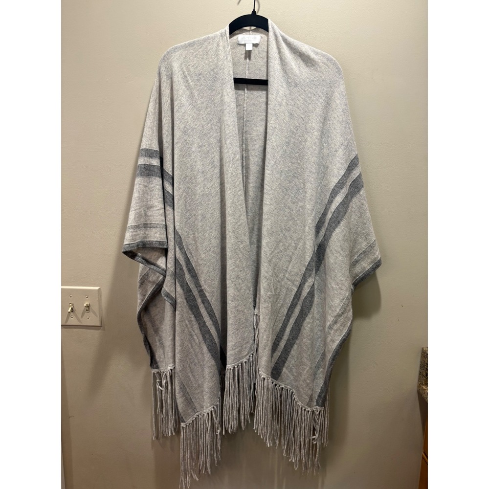 The White Company White Label Gray Wool Cashmere Striped Fringe Poncho Wrap OS - Picture 1 of 5